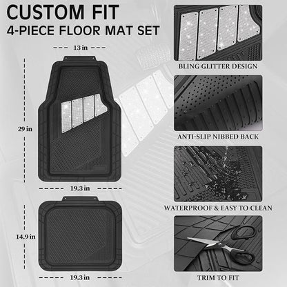 CAR PASS Heavy Duty Rubber Floor Mats 4-Piece Bling Car Mats Full Set - Universal Waterproof Floor Mats for SUV Truck, Durable All Weather Car Mats, Automotive Mats for Women Glitter Silver