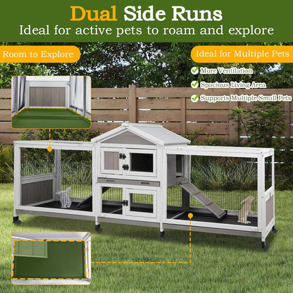 Double Rabbit Hutch Outdoor Indoor Large Bunny Cage with Dual Side Runs, 2-Story Wooden Hutch with 4 Leak Proof Trays, 8 Wheels, Waterproof Roof, Ramp, for Small to Medium Animals