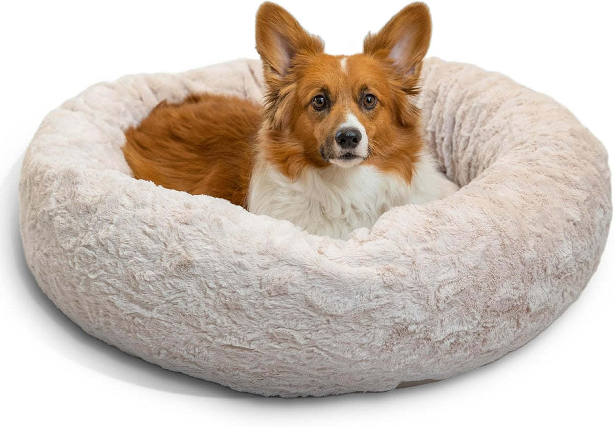 Best Friends by Sheri Original Calming Donut Dog and Cat Bed, Lux Faux Fur, Oyster, (30in x 30in) - Anxiety Relief for Pets Up to 45 lbs