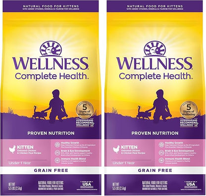 Wellness Natural Pet Food Complete Health Natural Grain Free Deboned Chicken & Chicken Meal Dry Kitten Food, 5.5 Pound Bag (Pack of 2)
