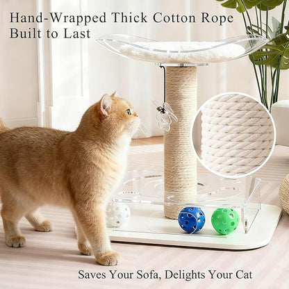 Modern 3-in-1 Interactive Cat Toy with Puzzle Box, Cat Bed/Perch & Scratching Posts, Colorful Jingle Balls, Dangling Accent, Puzzle Toys for Indoor Cats, Acrylic, White
