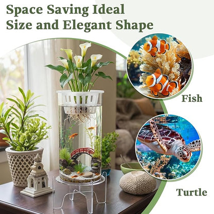Thenshop 1.87 Gallon Plastic Aquaponic Planter and Aquarium Betta Bowl Fish Aquariums Small Fish Tank with Base and Top Promotes Healthy Hydroponic Environment for Plants (Straight Cylinder)