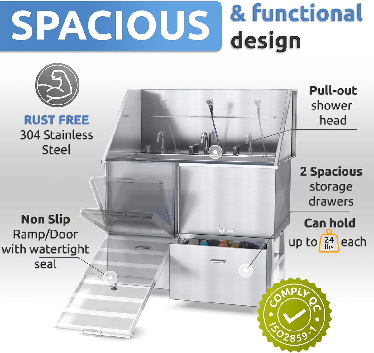 KANIS Professional Dog Washing Station - 304 Stainless Steel Pet Wash Sink & Grooming Bath Tub for Home with Ramp, Shower, Floor Grate, Storage Drawers, and Faucet for Large, Medium & Small Pets