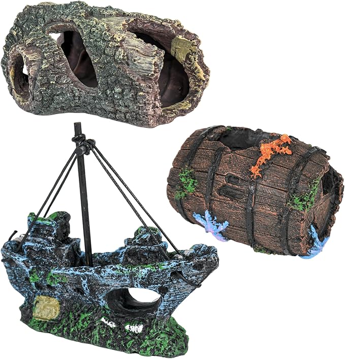 AmaQueen 3 Pcs Fish Tank Decorations, Aquarium Decor Ornaments, Betta Fish Axolotl House Hideout Cave Stuff Accessories, Set of 3 Resin Hollow Tree Trunk, Starfish Barrel, Shipwreck Ship (3)