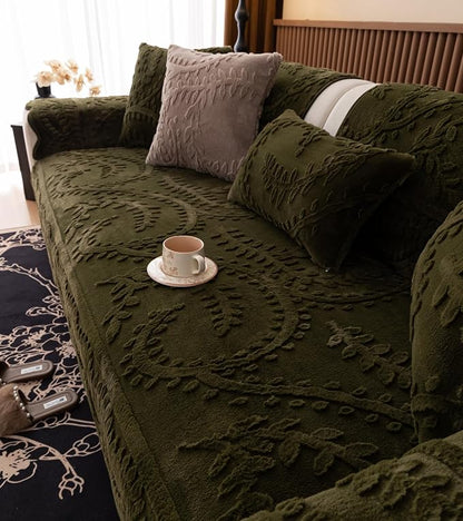 Green Fuzzy Rabbit Plush Sofa Cover Cozy Warm Sofa Couch Covers with 3D Jacquard Leaf Pattern Non-Slip Easy-to-Install Shaggy Sofa Slipcover Prefect for Kids Dogs Cats Cats(Green,36"x82")