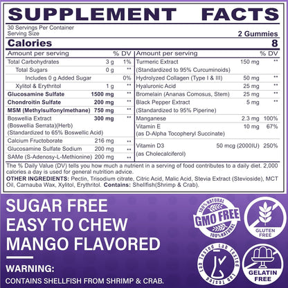 Glucosamine Chondroitin Gummies, Sugar Free Glucosamine Chondroitin MSM Supplement, Extra Strength with Boswellia Turmeric, Hydrolyzed Collagen & Hyaluronic Acid, Bone Health for Men & Women, 60 Cts