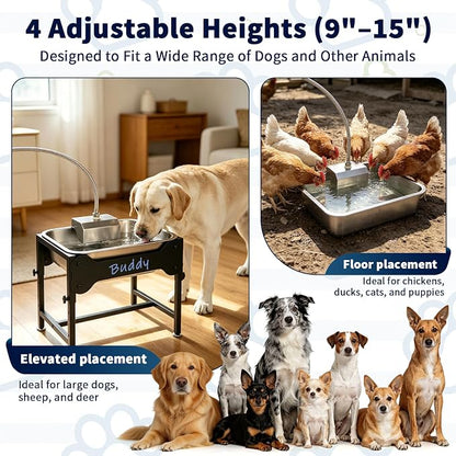 BWOGUE 3 Gal Automatic Dog Water Dispenser, Elevated Outdoor Bowl for Dogs | Automatic Water Dispenser for Dogs, Stainless Steel Pet Waterer, 9/11/13/15 in Stand, Float Valve, Big Dogs Pets Livestock
