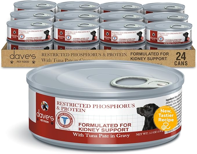 Dave's Pet Food Kidney Support Dog Food (Tuna Pate), Non-Prescription, Low Phosphorus, Low Sodium, Wet Canned, Renal Kidney Care, Vet Formulated, 5.5 oz (24 Pack)