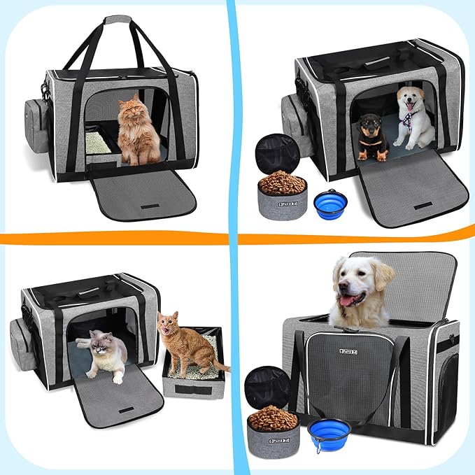 Petskd Extra Large Cat Carrier with Litter Box 24"x17"x17" for Medium Large Cat or 2 Small Cats, Collapsible Soft Sided Pet Carrier for Car Travel with Lockable Safety Zippers(Grey)
