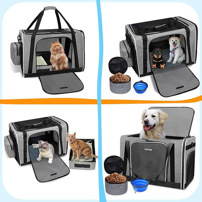 Petskd Extra Large Cat Carrier with Litter Box 24"x17"x17" for Medium Large Cat or 2 Small Cats, Collapsible Soft Sided Pet Carrier for Car Travel with Lockable Safety Zippers(Grey)