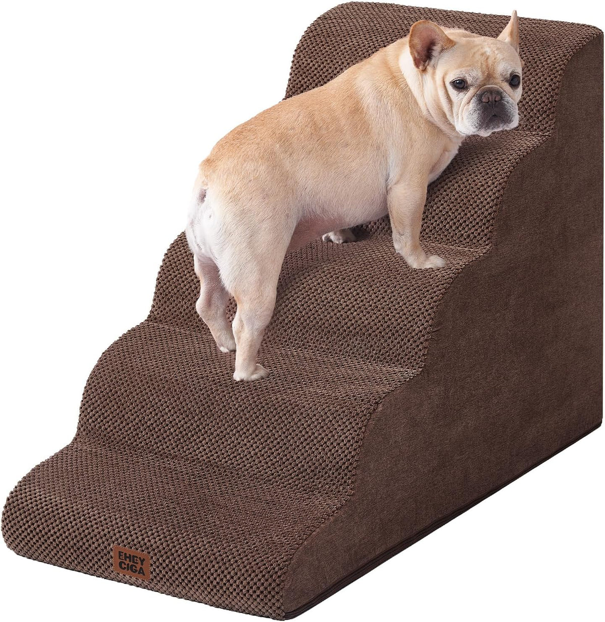 EHEYCIGA Curved Dog Stairs Ramp for High Beds, 5-Step Extra Wide Dog Steps for Small Dogs and Cats, Pet Stairs for High Bed Climbing, Non-Slip Balanced Pet Step Indoor, Brown