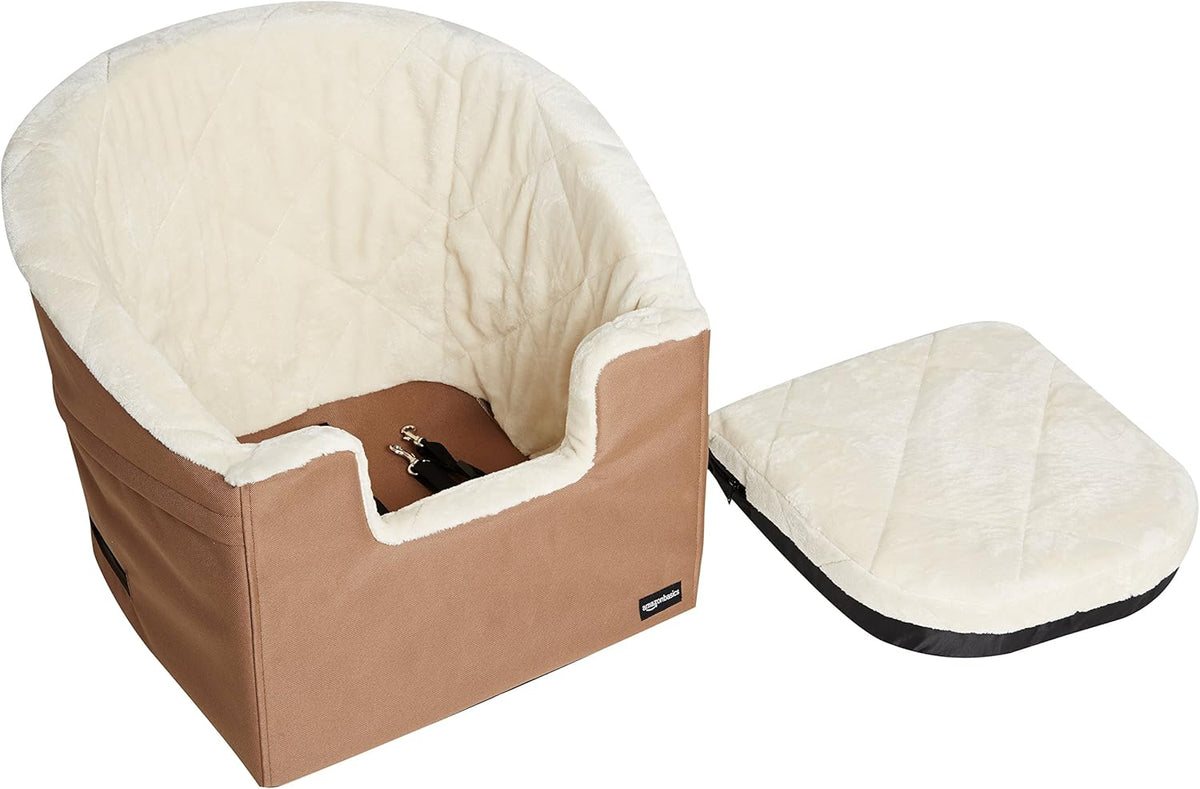 Amazon Basics Pet Car Booster Bucket Seat for Small Pets up to 25lbs, Machine Washable Cover, Clip-On Safety Leash, 18" x 18" x 16", Tan
