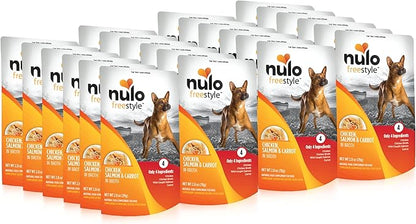 Nulo Freestyle Chicken, Salmon, & Carrot in Broth Real Meat Dog Food Topper, 2.8 Ounce (Pack of 24)