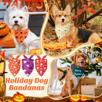 Chunful 30 Pcs Holiday Dog Bandanas Bulk for Fall Thanksgiving Halloween Christmas with Maple Leaves Pumpkin Ghost Snowman Seasonal Triangle Pet Scarf for Small Medium Large 25.6 x 17.7 x 17.7 in