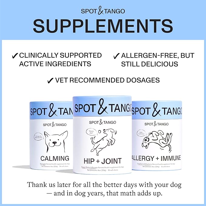 Spot & Tango Hip + Joint Supplement for Dogs - Vet-Approved For Mobility and Arthritis Support - Glucosamine, Chondroitin, Green Lipped Mussel, MSM - Flavor from Real Peanut Butter & Banana - 56 Count