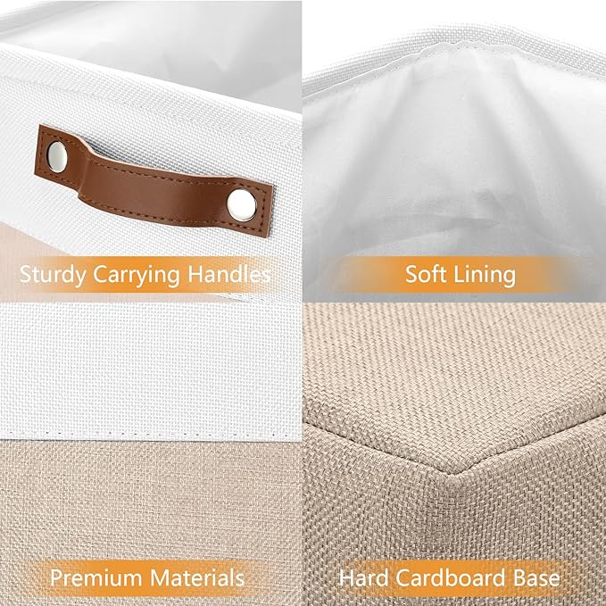 DULLEMELO Large Storage Baskets for Organizing, Canvas Storage Bins Big Baskets With Handles for Shelf Clothes Empty Gift Basket (White&Khaki)
