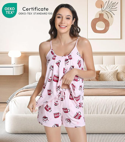 NACHILA Pajamas for Women-Viscose from Bamboo, Ribbed Racerback Tank Top Sexy Split Shorts Pajama Sets Cooling Sleep Cami Pjs