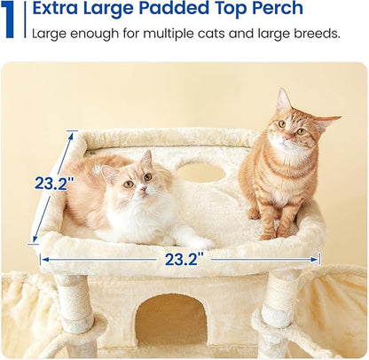 MWPO Extra Large Cat Tree, 77.6-Inch Tall Cat Tower for Indoor Cats with 2 Condos, Multi-Level Cat Stand for Large Cats, 3 Hammocks, Wide Perch, Scratching Posts, Dangling Toys, Beige