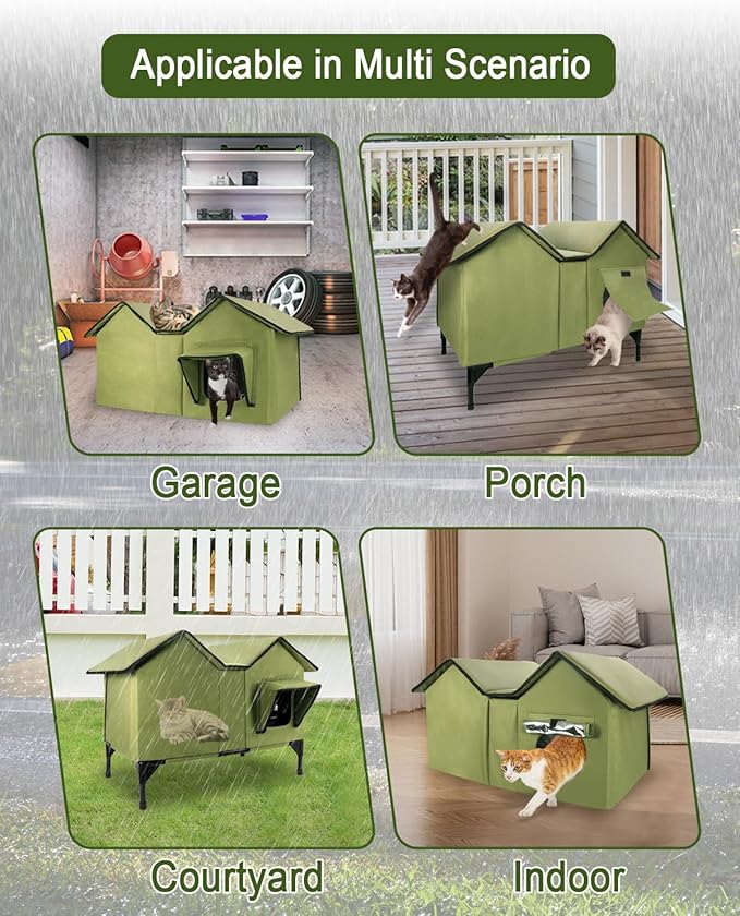 Extra Wide Large Cat Houses for Outdoor Cats Weatherproof, Elevated Waterproof Outdoor Cat House, Outside Stray Cat Shelter for Multiple Cats Small Dogs (Green, Unheated)
