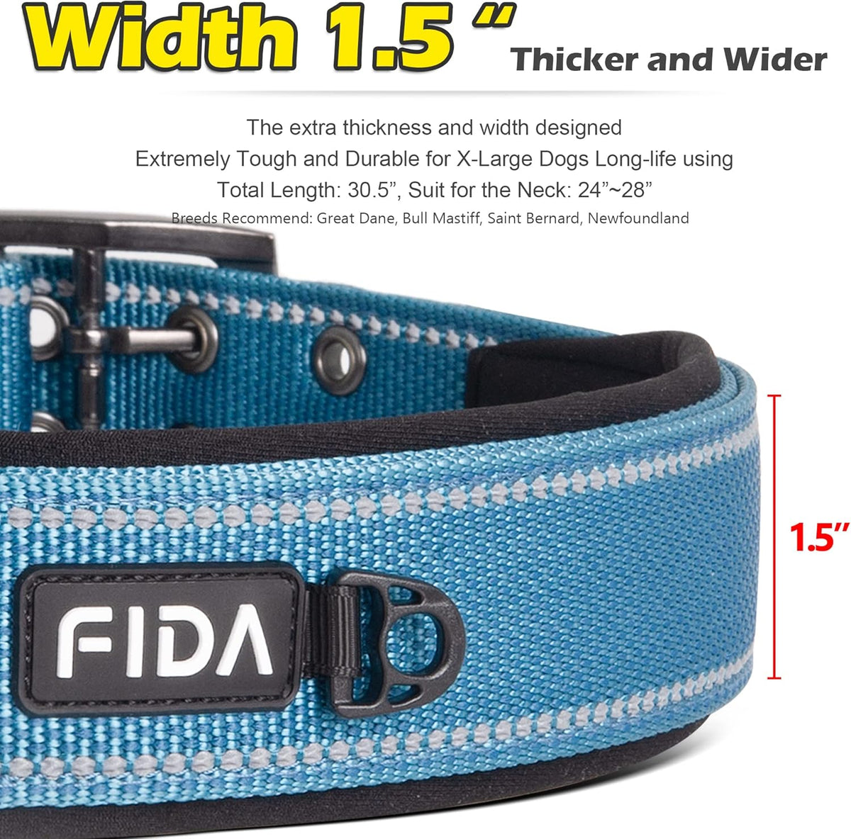 Fida Heavy Duty Dog Collar 1.5” Width, Ultra Soft Neoprene Padded, Adjustable Reflective Nylon Pet Collar with Two Metal Pin Belt Buckle for Extra-Large Breeds (XL, Blue)