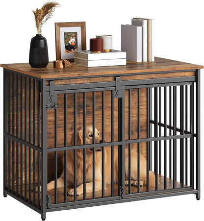 HOOBRO Dog Crate Furniture, 36.6" Heavy Duty Dog Kennel with Sliding Barn Door, Wooden Dog Cage Indoor, Decorative Side End Table for Small/Medium Dogs, Rustic Brown and Black FG162GW03G1
