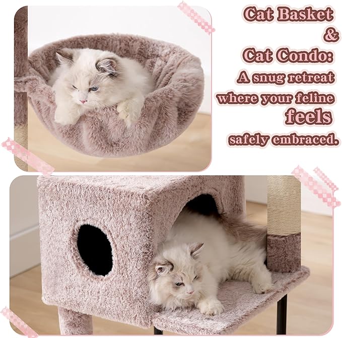 Heybly Cat Tree, 49.2 Inches Cat Tower for Indoor Cats, Spacious Cat House Condo with Hidden Space，Sturdy Steel Tube，Soft Plush Top Perch，Cozy Hammock and Sisal Scratching Posts, Muchroom HCT200SMU