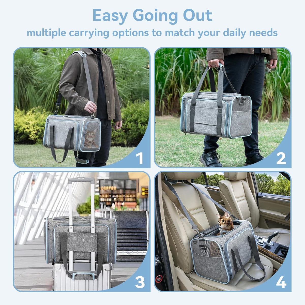 Petsfit Expandable Small Cat Carriers Dog Carrier, Airline Approved Soft-Sided Portable Washable Pet Travel Carrier with Two Extension Up to 9LB