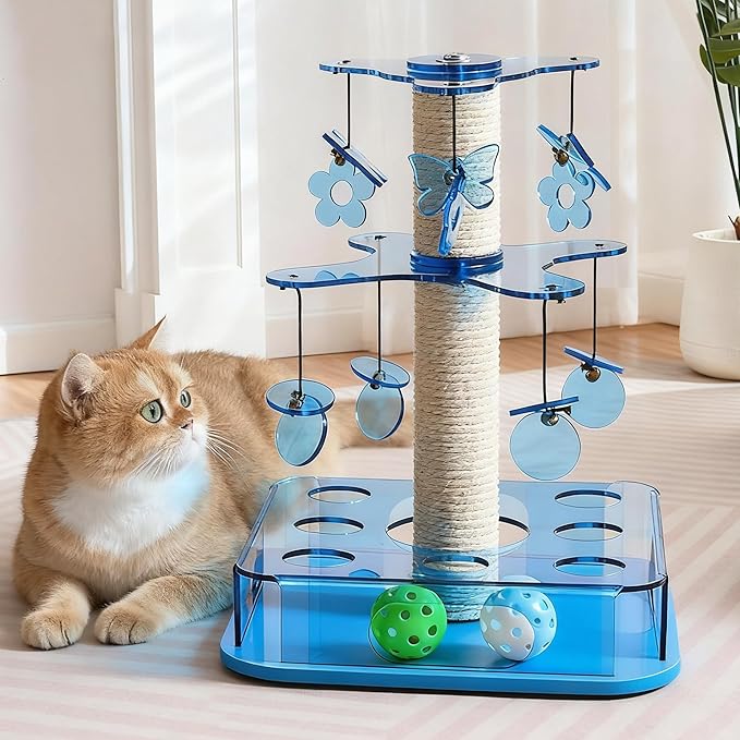 Modern 3-in-1 Interactive Cat Toy with Scratching Post, Cat Puzzle Toys for Indoor Cats with Colorful Jingle Balls, 2-Layer Spinning Teaser Disc with Dangling Toys, Acrylic, Blue
