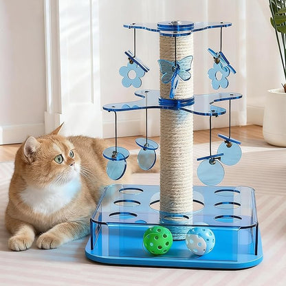 Modern 3-in-1 Interactive Cat Toy with Scratching Post, Cat Puzzle Toys for Indoor Cats with Colorful Jingle Balls, 2-Layer Spinning Teaser Disc with Dangling Toys, Acrylic, Blue