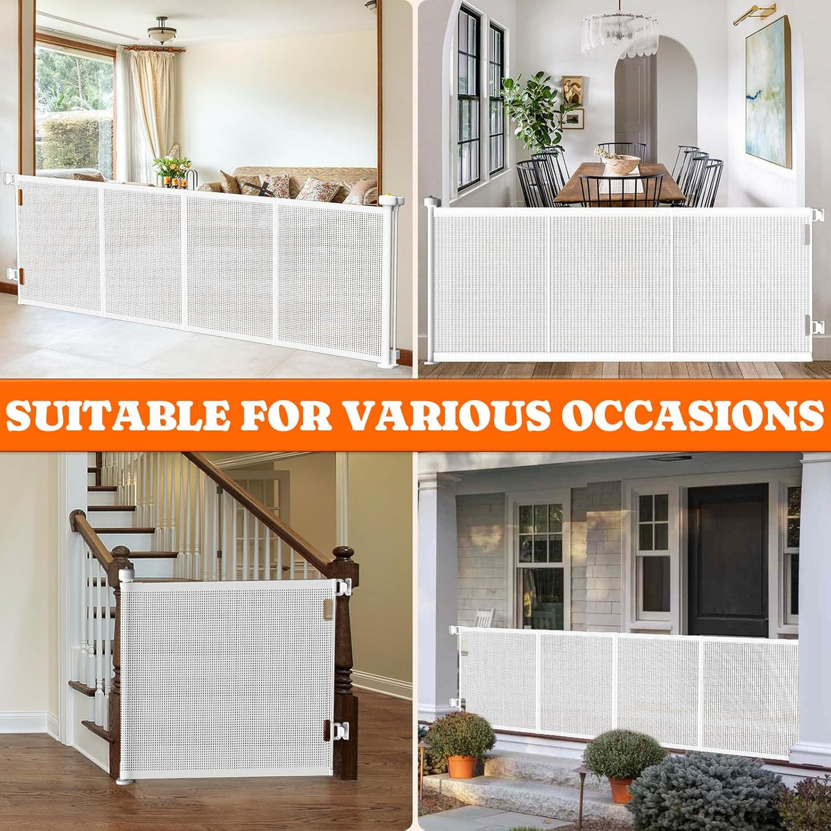 Pawtners Retractable Baby Gates Extra Wide, 41" Tall Extends up to 71" Wide, Dog Gate Indoor with for Stairs, Pet Gate with Support Rods for Doorways Hallways Indoor & Outdoor-White