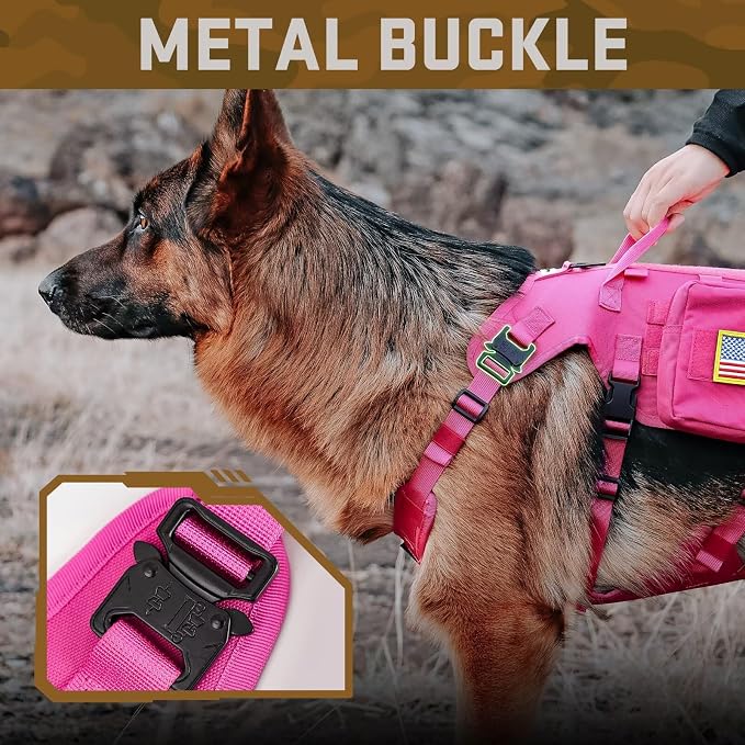 Forestpaw Pink Tactical Dog Harness Tactical Dog Collar with Bungee Leash Set,No Pull Military Dog Harness for Walking Training,Adjustable for Medium Dogs,Chest 17-25"