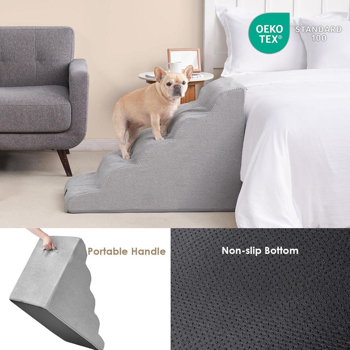 EHEYCIGA Curved Dog Stairs Ramp for High Beds, 5-Step Extra Wide Dog Steps for Small Dogs and Cats, Pet Stairs for High Bed Climbing, Non-Slip Balanced Pet Step Indoor, Light Grey