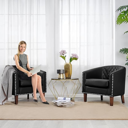 PrimeZone Barrel Chair Set of 2, Comfy Accent Chair, Faux Leather Living Room Chairs Club Chair with Cushion, Nailhead Trim and Diamond Grid Backrest, Reading Chair for Bedroom Waiting Room, Black