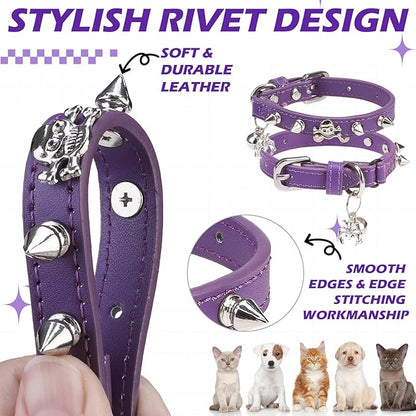 EXPAWLORER Leather Cat Collar for Girl Boy- Adjustable Pet Collar with Safety Elastic Belt,Personalized Punk Accessories Buckle Collars with Bell & Durable D-Ring, Rivet(Purple)