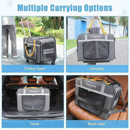 Extra Large Pet Cat Carrier with Wheels, Rolling Pet Carrier for 2 Cats or Medium Dog, 24" X 15" X 17" Portable Dog Cat Crate for Large Cat, Support up to 40 Lbs, Grey
