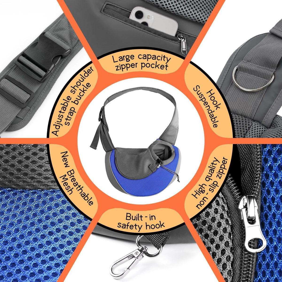 YUDODO Pet Sling Carrier for Small Dogs & Cats – Hands-Free Puppy Carrier with Safety Hook, Large Zipper Pocket, Soft Breathable Mesh, Adjustable Strap & Reflective Strip (Blue 1.0 L)