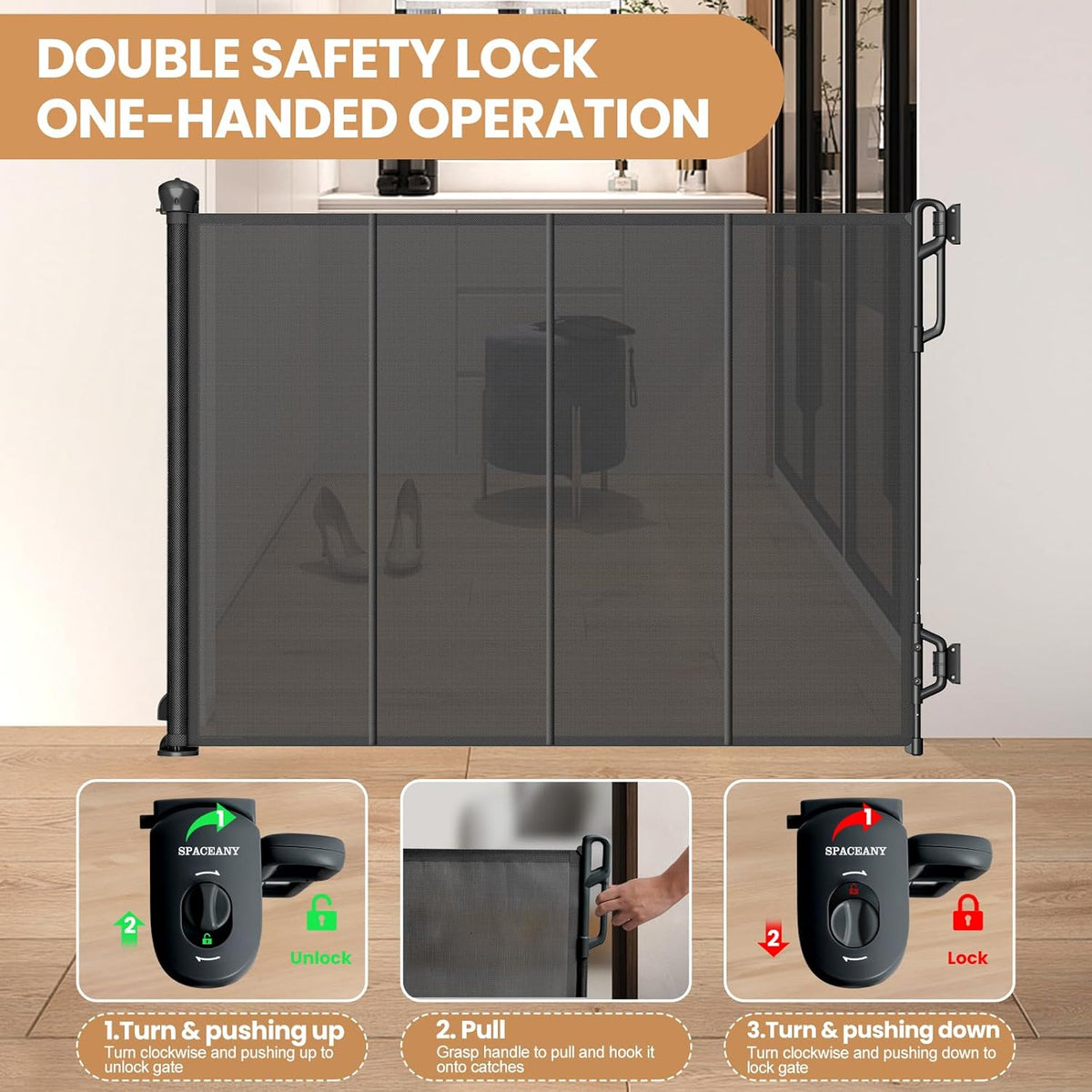 Reinforced Retractable Baby Gate or Mesh Dog Gate,Easy to Use for Stairs, Doorways, Hallways, Indoor, Outdoor, Wide Pet Gate 33.5" Tall, Extends to 45" Wide, Black