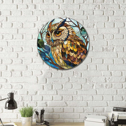 Lygond Metal Sign Tin Sign Circular Stained Glass Owl Vintage Metal Sign for Pet 8×8 Inches
