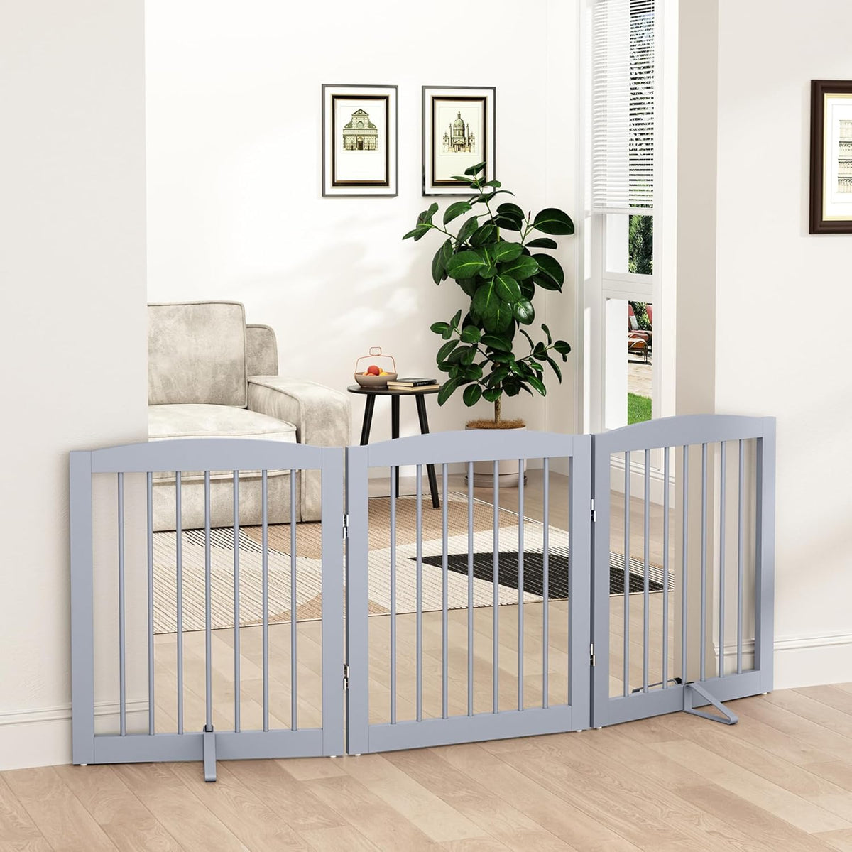 Freestanding Pet Gate for Dogs, Foldable Wooden Dog Gate for House, Indoor Dog Gate for Doorways, Stairs, Gates for Dogs Indoor, Support Feet Included, 24" Height 3 Panels, Grey