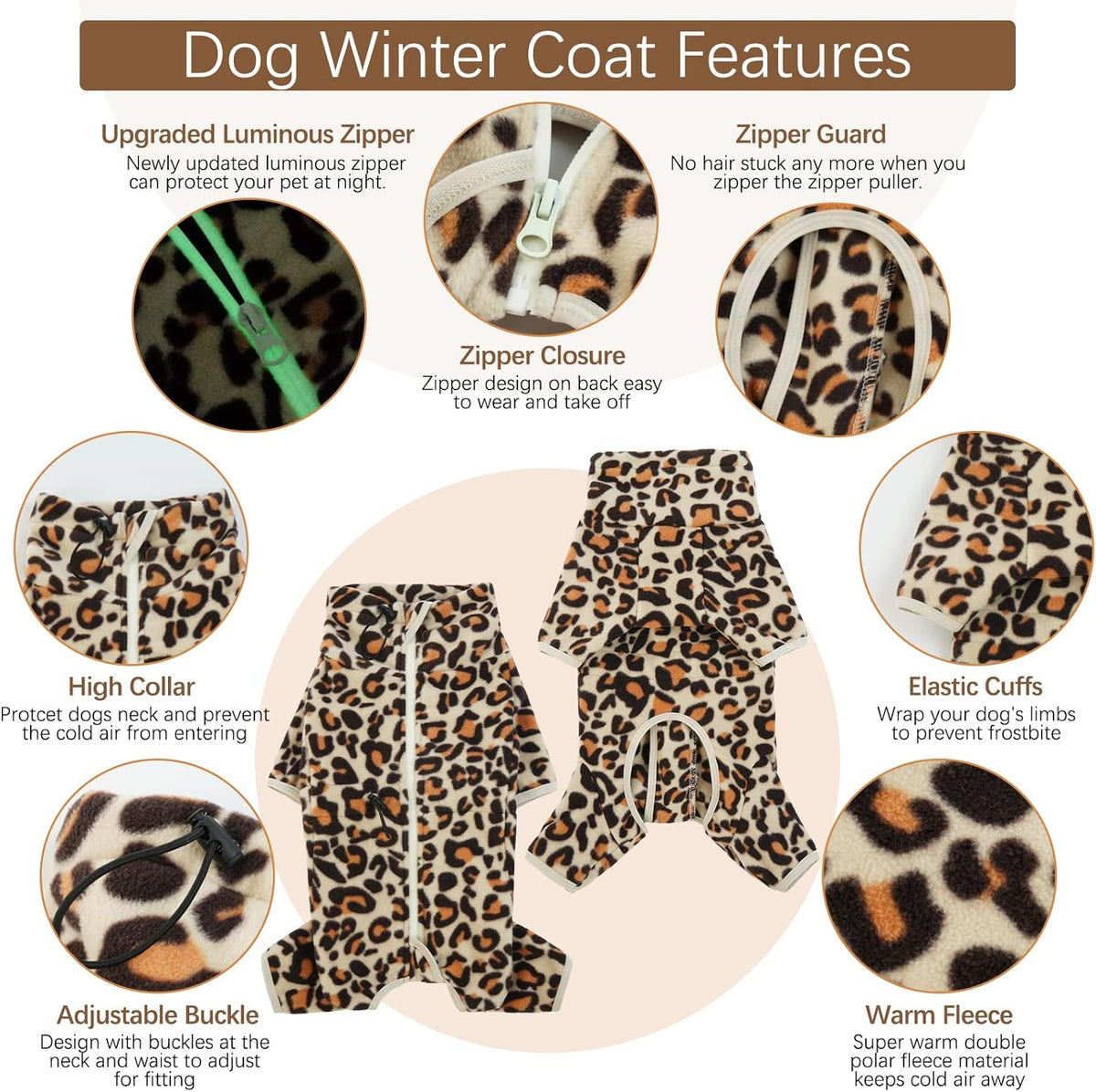 ROZKITCH Dog Jacket with Legs, Pet Windproof Warm Cold Weather Jacket Vest with Luminous Zipper, Jumpsuit Apparel Outfit Clothes for Large Giant Dog Brown 4XL