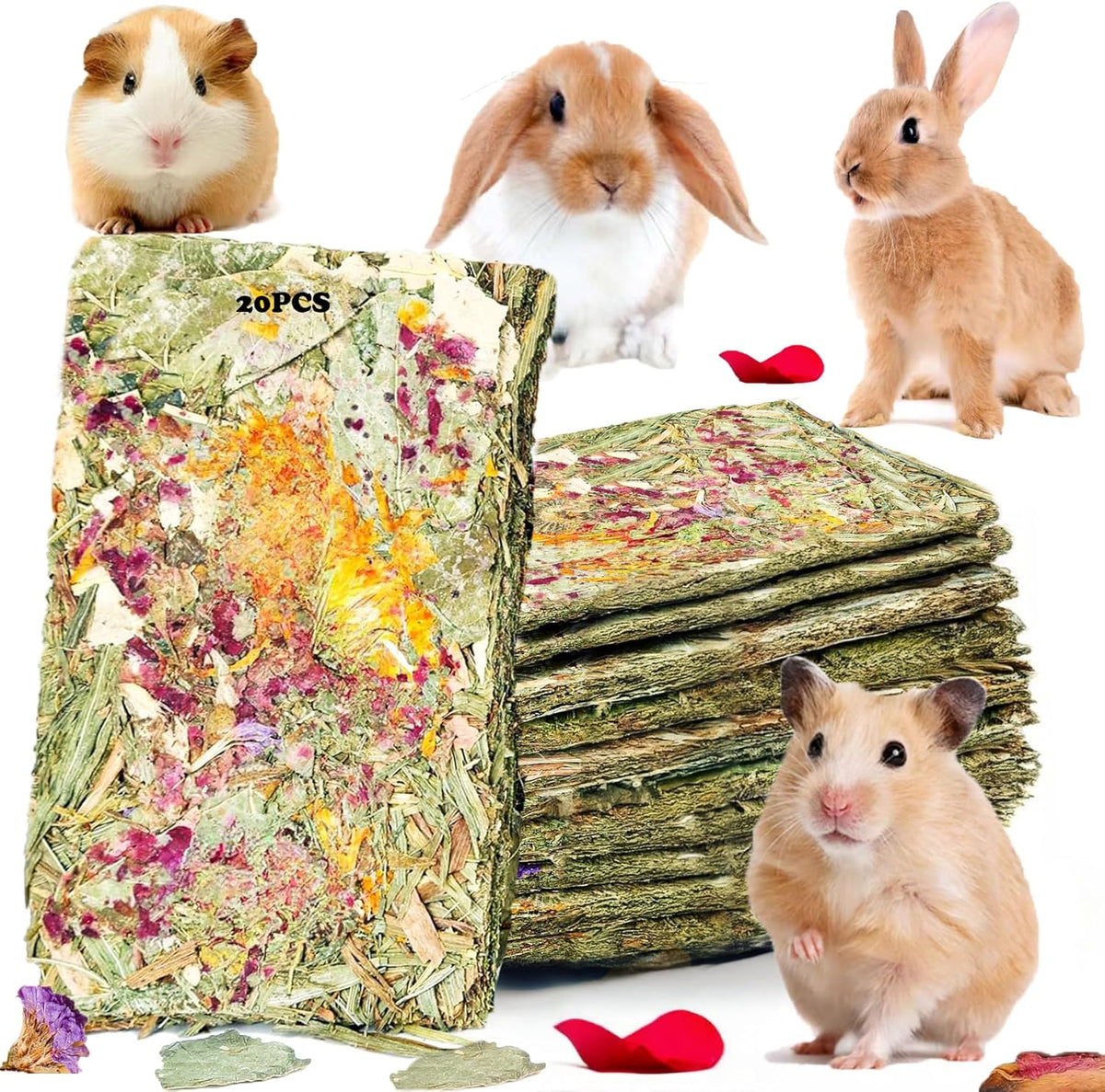 Rabbit Toys 20 Pack Bunny Toy Bunny Chew Toy Guinea Pig Treats Timothy Hay Toys Chips with Herbal Flowers Timothy Hay Grass Hamster Snacks Chinchillas Gerbils for Small Animals Teeth