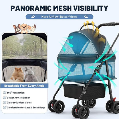 Dog Stroller for Small Dogs, Panoramic Mesh Pet Cat Stroller with Detachable Carrier, Foldable Pet Stroller up to 35 lb, with Safety Tether, Puppy Doggie Stroller for Medium Dogs 20 lbs Black