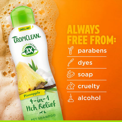 TropiClean Itch Relief Dog Shampoo, Powerful Odor Control, Long-Lasting Pineapple Scent, Puppy Safe, Made in The USA, Cat Friendly, 20oz.