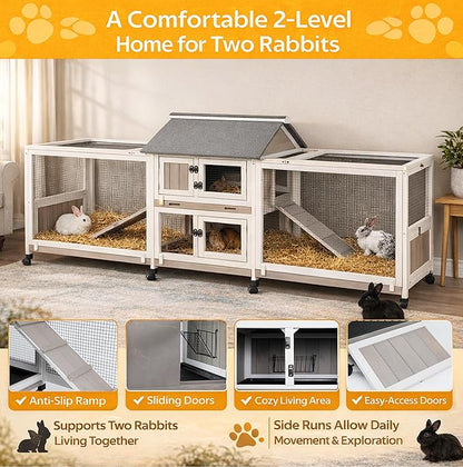 PetsCosset Outdoor Wooden Rabbit Hutch with Double Runs,Waterproof Asphalt Roof Bunny Cage with Raised Floor, Easy-Clean Design Pull Out Tray, Secure & Comfortable Hut for Rabbits