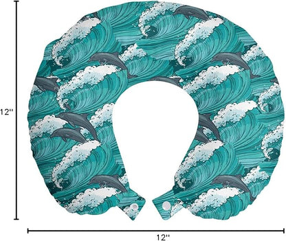 Ambesonne Sea Animals Travel Pillow Neck Rest, Wavy Ocean with Dolphins Windy Surfing Doodle Style Art Print, Memory Foam Traveling Accessory for Airplane and Car, 12", Charcoal
