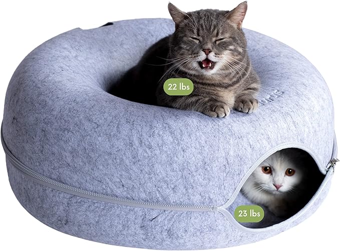 CATTASAURUS Peekaboo Cat Cave for Multiple & Large Cats Up to 30-45 Lbs, Scratch Detachable & Washable Tunnel Bed, Comfy Donut Cat Cave (Light Gray, Large)