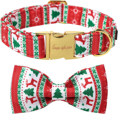 Unique Style Paws Christmas Day Dog Collar with Bow Christmas Tree Cotton Puppy Collars for Small Medium Large Dogs