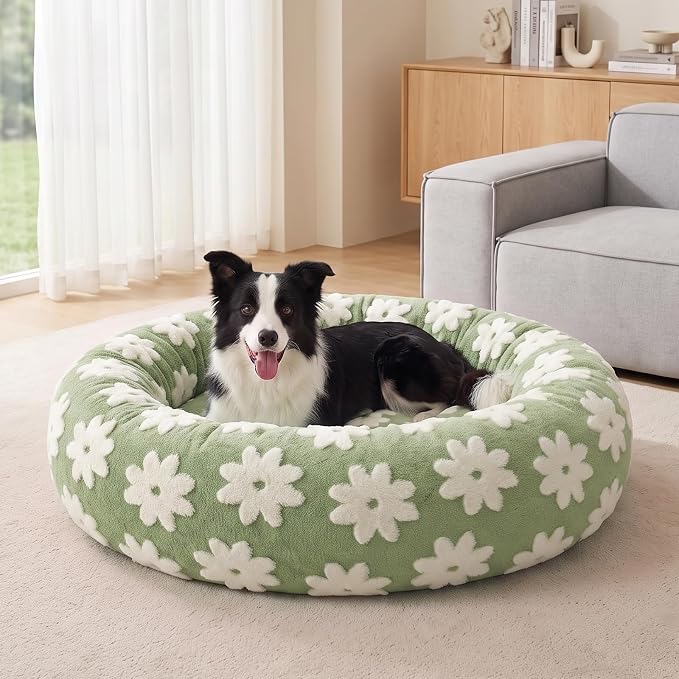 JOEJOY Jacquard Donut Round Small Dog Beds,Green 23x23x8in, Removable Washable Cover, Cute Pattern, Ultra Soft Fluffy Calming Pet Bed with Thick Supportive Bolster