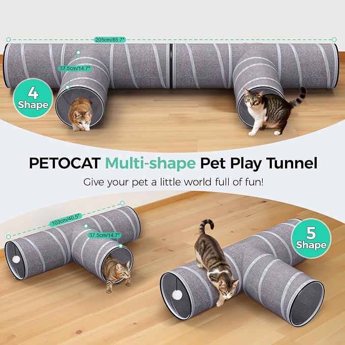 Cat Tunnel 4 Way with Teaser Wand & 2 Plush Ball, 5 Shapes Available, 54/80.7" L, H-Shaped Collapsible Pet Play Tube Maze for Kitten Puppy Bunny Ferret Rabbit, Indoor/Outdoor Peekaboo Cave