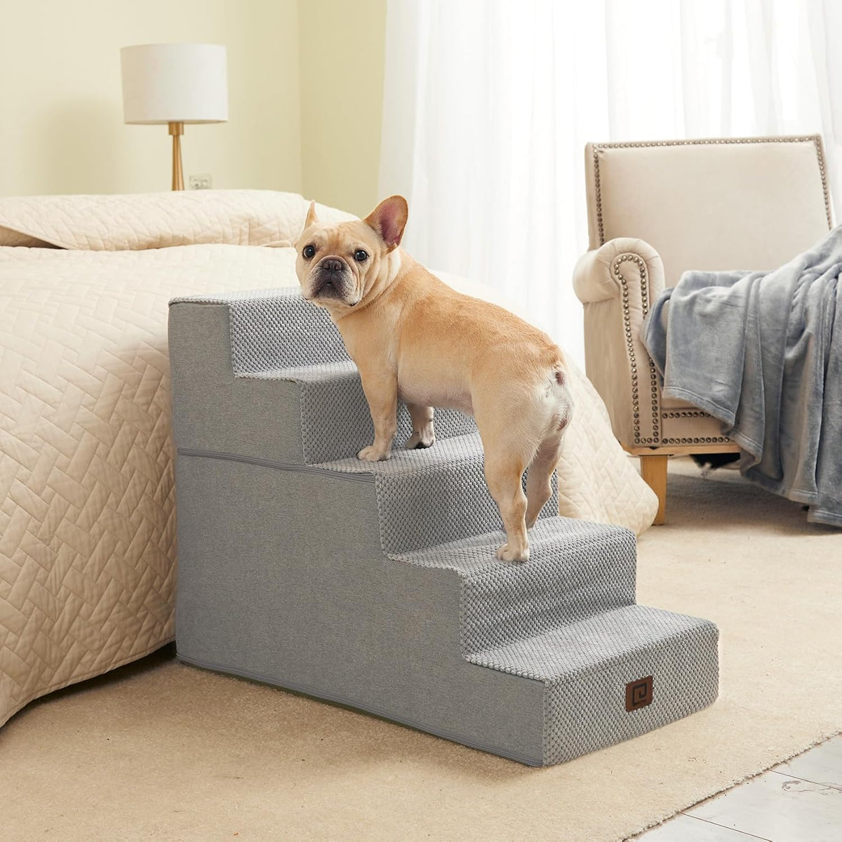 EHEYCIGA Dog Stairs for High Bed 22.5" H, 5-Step Dog Steps for Bed, Pet Steps for Small Dogs and Cats, Non-Slip Balanced Pet Ramp Indoor, Light Grey